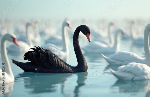 Fototapeta Naklejka Na Ścianę i Meble -  Black swan in water surrounded by white swans. Visual metaphor rare, unexpected event with significant impact, disrupting established norms. Business financial markets, risk management, uncertainty,