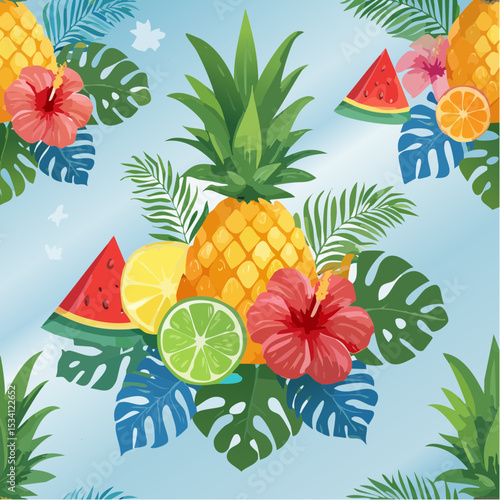 Colorful pineapple, watermelon, lime, hibiscus and tropical leaf seamless pattern for summer background