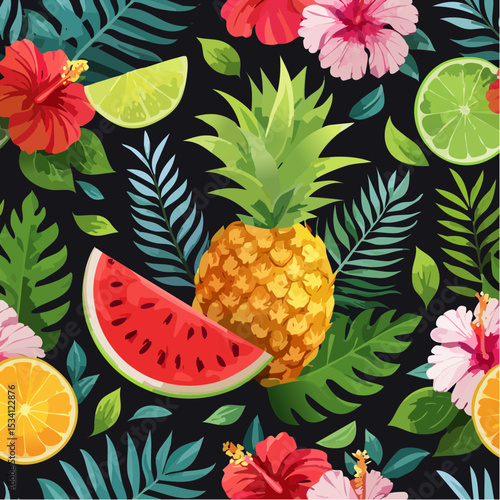 Colorful pineapple, watermelon, lime, hibiscus and tropical leaf seamless pattern for summer background