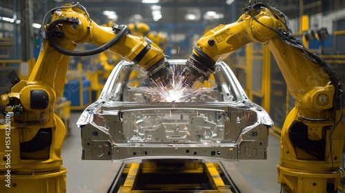 View of automated welding robots creating car chassis frames