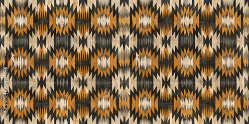 Vibrant geometric pattern in earthy tones of black, orange, and cream.