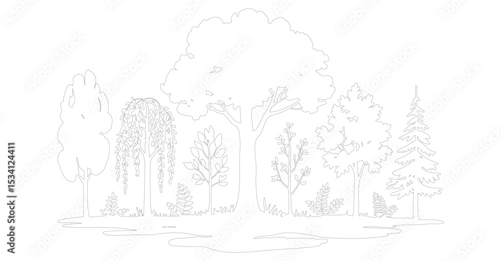 Naklejka premium Tree Line Drawing with Various Tree Types and Foliage for Landscape Design