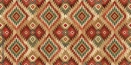 Vibrant geometric patterned textile with warm earthy tones.