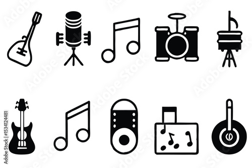 Vector icons of musical instruments including microphone guitar drum and notes