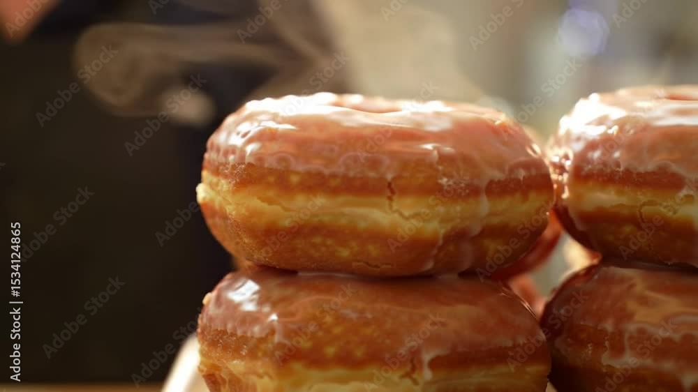 Freshly glazed donuts stacked on counter with steam rising Freshly glazed donuts stacked on counter with steam rising
