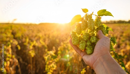 A farmer presents a sprig of fresh green hops against a sunlit field at sunset, showcasing the quality of the raw ingredients used for brewing craft beer.