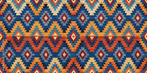 Colorful geometric pattern with a tribal design in blue, orange, and red hues.