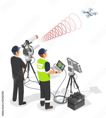 Engineers operating anti drone defense system with radar detection and directional signal jammer to disable unauthorized UAV in restricted airspace