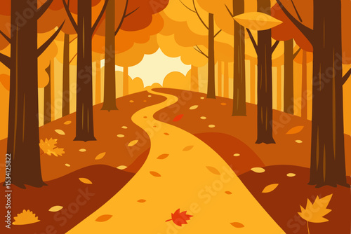 An autumn road winds through a foggy park, its trees ablaze with yellow and orange leaves