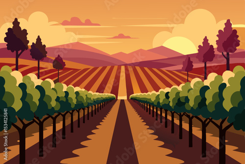 Autumn vineyard landscape at sunset, a rural farm scene of nature's beauty