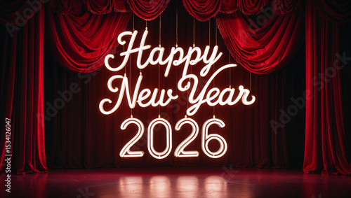 Scritta di capodanno Happy New Year 2026 fatta da tubi di luce al neon sul palcoscenico di un teatro con tende rosse e luci