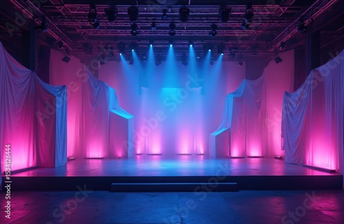 Neon stage with purple, blue lighting, designed for concerts, events, shows. Industrial backdrop creates modern vibe. Night atmosphere, vibrant colors. Perfect venue for music festivals, parties.