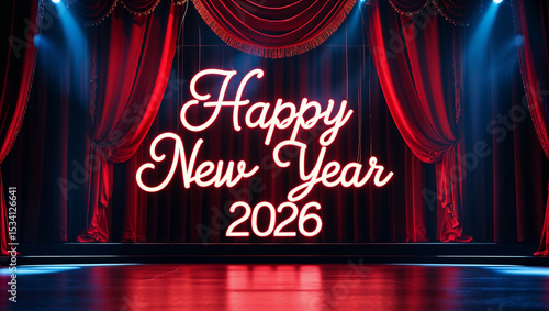 Scritta di capodanno Happy New Year 2026 fatta da tubi di luce al neon sul palcoscenico di un teatro con tende rosse e luci