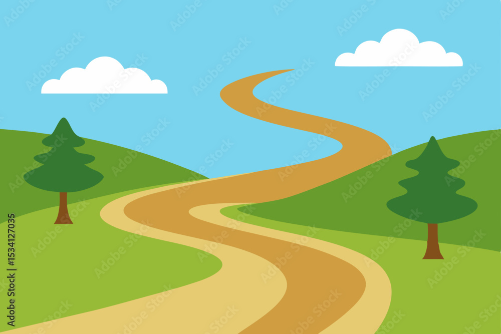 Fototapeta premium Green summer landscape with a winding road through a forest leading to a distant horizon under a cloudy sky