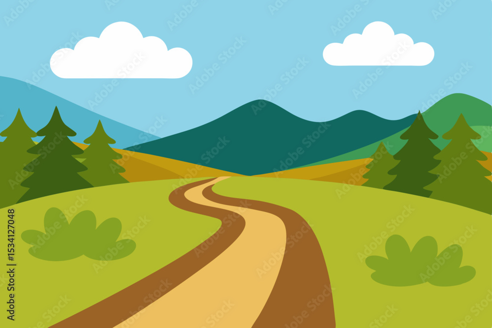 Obraz premium Green rural landscape with a winding road leading to distant mountains under a blue sky