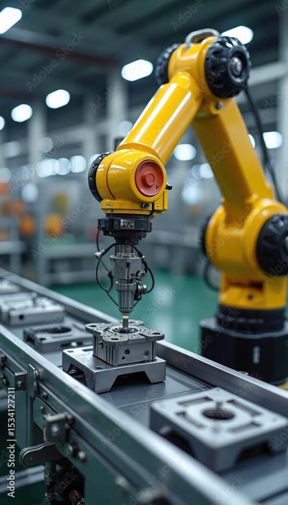 Robot arm in manufacturing factory. Automated industrial robot on production line. Modern tech. Robotic arm working at machine-building plant. Automation of processes in manufacturing industry. Robot arm in manufacturing factory. Automated industrial robot on production line. Modern tech. Robotic arm working at machine-building plant. Automation of processes in manufacturing industry.