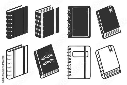 Diverse collection of illustrated black and white notebooks and books in various styles