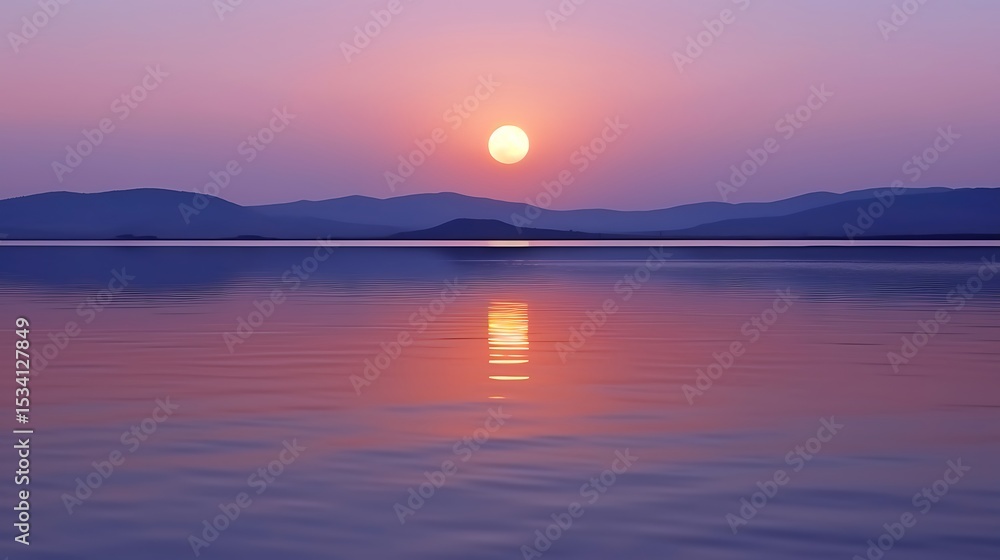 Obraz premium A tranquil full moon glowing orange above a gently lapping navy sea, the water reflecting the light in faint golden ripples, soft clouds trailing across a lavender-tinged sky.