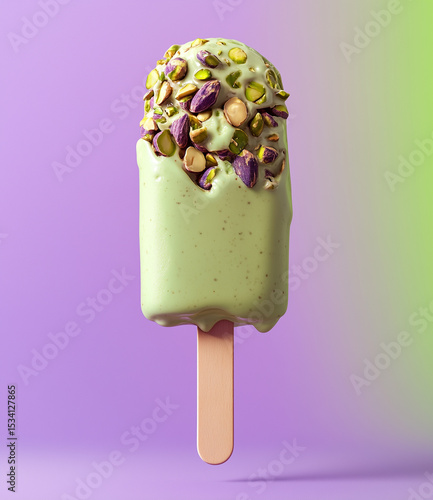 Pistachio popsicle ice cream with nuts.
Popsicle in delicate pistachio glaze, covered with pieces of pistachios and almonds. The bright background with a transition from lilac to light green.