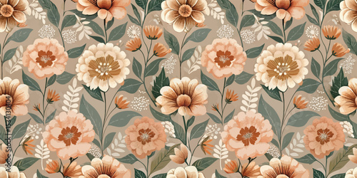 Elegant floral pattern featuring soft peach and cream blooms on a muted background.