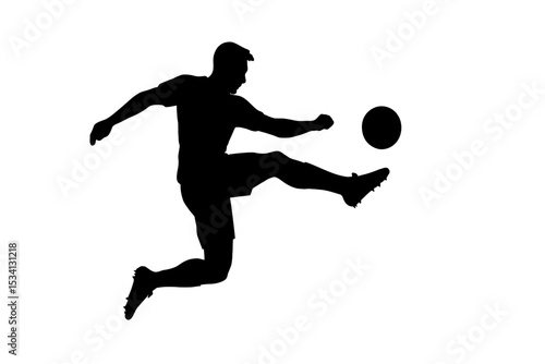 Silhouette of soccer player kicking ball in mid-air action