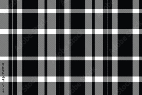Blanket tartan pattern background, upscale texture check plaid. Repetitive fabric textile seamless vector in black and white colors.