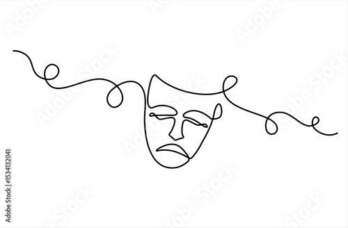 Greek mask one line drawing, opera event symbols continuous hand drawn, mask one line vector. Editable stroke, theater humor smile mask one line continuous line art, Theater mask tragedy.	
