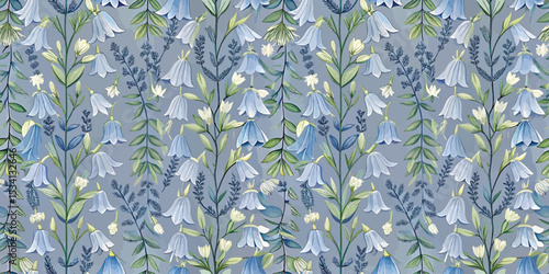 Delicate floral pattern featuring bluebell flowers on a soft gray background.