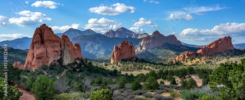 Panoramic view of red rock formations at Garden of the gods in Colorado