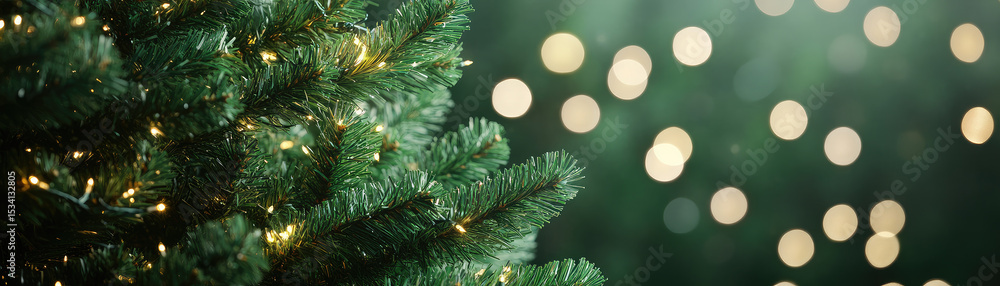 Close up view of lush evergreen Christmas tree adorned with shimmering lights, creating warm and festive atmosphere. soft bokeh effect in background enhances holiday spirit Close up view of lush evergreen Christmas tree adorned with shimmering lights, creating warm and festive atmosphere. soft bokeh effect in background enhances holiday spirit
