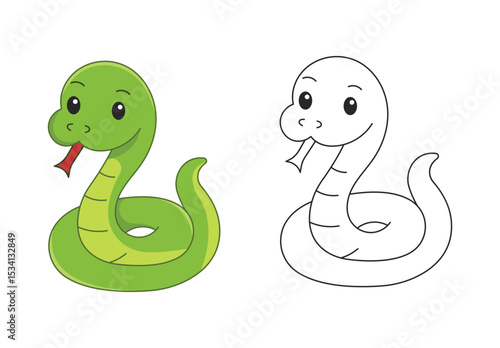 Friendly snake coloring page for kids. Cartoon reptile drawn in doodle style, perfect for preschool learning, jungle-themed activities, printable educational sheets, and children’s coloring books