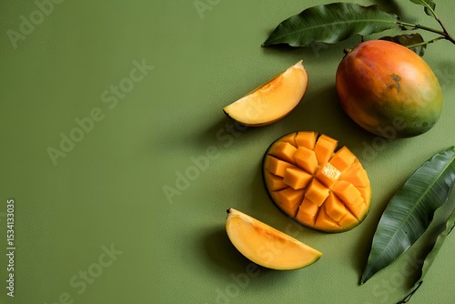 top view copy space sliced mango on a green background