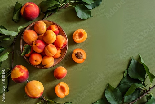 top view of apricots in bowl with peaches and leaves on green background with copy space