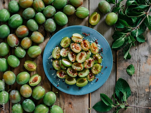 top view of blue plate with sliced green plums sprinkled with dried peppermint