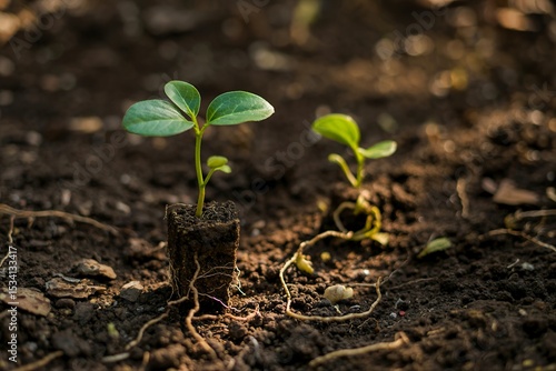 young plant and root with sunlight, ecology or growth concept