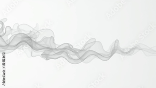 A wispy, elegant trail of dark grey smoke undulating across a pristine white background. The smoke forms a smooth, horizontal wave-like pattern, appearing delicate and ethereal.