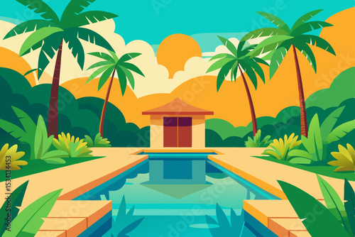 swimming pool with palm trees and sea