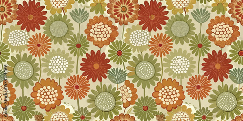 Colorful floral pattern featuring vibrant flowers in earthy tones.