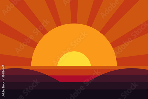 Golden sun sets over a vast landscape of mountains and the sea, painting the sky with orange and red clouds
