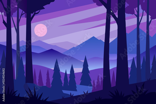 Moonlit forest landscape with a lone house illustration