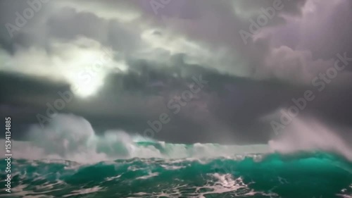 Dramatic ocean waves crashing under dark stormy sky. Storm and lightnings over the ocean.	