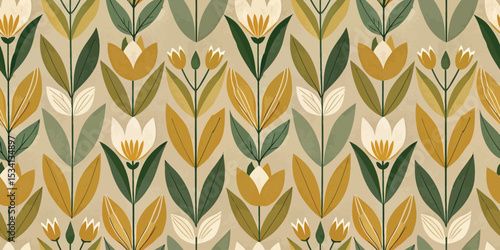 Colorful floral pattern with green and mustard hues on a soft background.