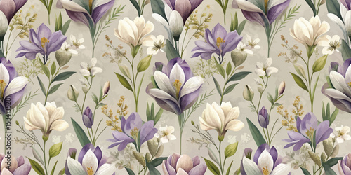 Elegant floral pattern featuring white and purple flowers on a soft background.