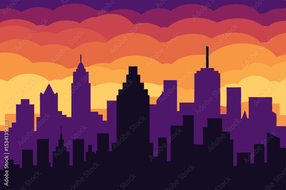 Fototapeta premium An urban Los Angeles city skyline silhouette at sunset with towering buildings and skyscrapers creates a stunning cityscape illustration
