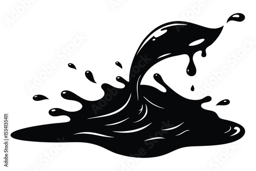 Glossy Black Liquid Splashing with Droplets Creating a Spilled Pool Shape Vector