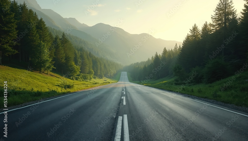 Naklejka premium Empty highway stretches towards horizon surrounded by green trees and mountains. Daytime road with white lines, long journey, explore direction and freedom. Calm scenery, travel concept.