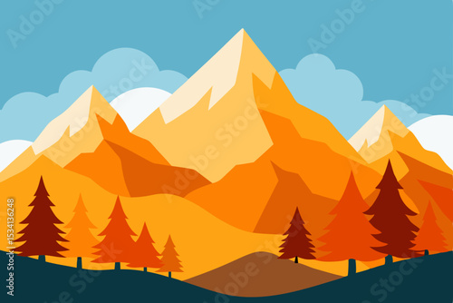 Winter mountain landscape vector illustration featuring snowy peaks, serene lakes, and a beautiful sky at sunrise or sunset