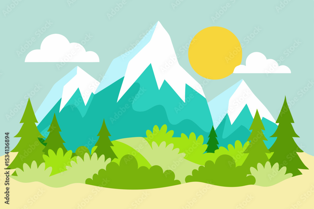 Mountain forest landscape with green trees, blue sky, and summer sun Mountain forest landscape with green trees, blue sky, and summer sun