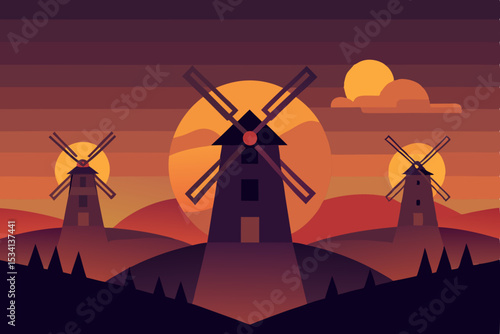 Dutch windmills silhouetted against a vibrant sunset sky in a rural European landscape