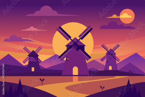 Dutch windmills silhouette against a vibrant sunset sky in a serene rural landscape
